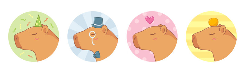 Cute Capybara Collection. Funny Stickers with Capybaras. Vector Illustration.