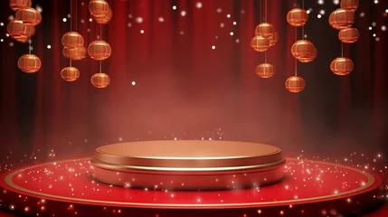 Gordijnen Chinese red background podium 3d stage product year new gold china lunar luxury stand. Golden chinese display background red award pedestal abstract light studio shape asian circle happy modern maroon © Максим Зайков