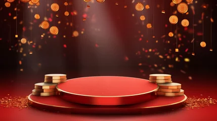Foto op Aluminium Chinese red background podium 3d stage product year new gold china lunar luxury stand. Golden chinese display background red award pedestal abstract light studio shape asian circle happy modern maroon © Максим Зайков