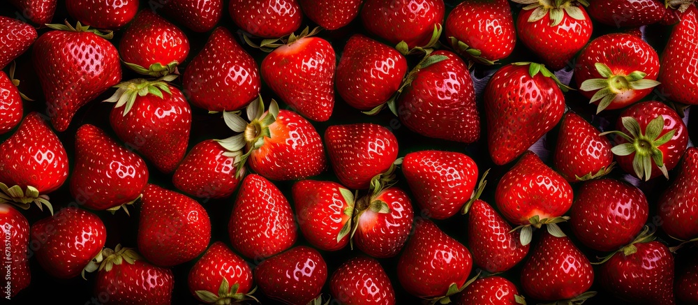 Poster the strawberry has a background color of red and a textured surface