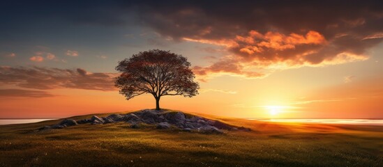 Obraz premium The natural beauty of the sky with its sunlit sunset is complemented by the presence of trees and grass