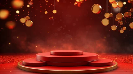 Foto op Canvas Chinese red background podium 3d stage product year new gold china lunar luxury stand. Golden chinese display background red award pedestal abstract light studio shape asian circle happy modern maroon © Максим Зайков