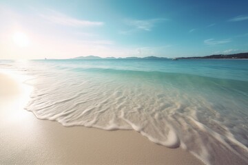 Picture of a clear beach, blue sea, morning light atmosphere, soft light shining down