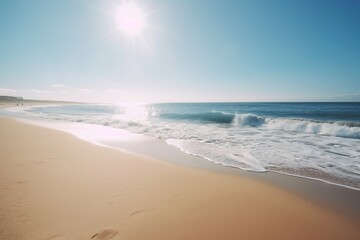 Fototapeta na wymiar Picture of a clear beach, blue sea, morning light atmosphere, soft light shining down
