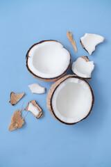 The fresh coconut is divided into two halves and coconut pieces of different sizes are displayed on a blue background. Scene used for many purposes.