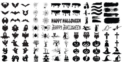 Set of halloween silhouettes black icon and character. Collection of halloween silhouettes .Vector illustration. Isolated on white background. - obrazy, fototapety, plakaty
