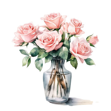 Pink rose in Vase Watercolor 