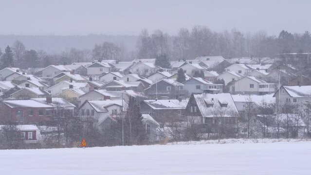 Villa Neighborhood at Winter Time, Cozy Swedish Homes, Pan shot
