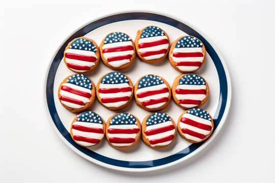 Top Down Photograph, American Flag.Cookies Isolated on a White Background, Generative AI