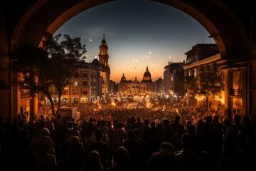 Crowd of people gathering in the Plaza del Castillo for the Chupinazo, the festival's opening...