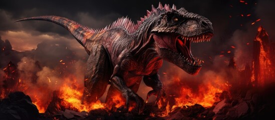 A lava dinosaur emerges from the midst of manipulated lava in the photo