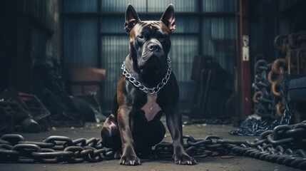 American Pit Bully dog with fierce and muscular muscles in a room with chains. The background of the photograph is a oppressive and confined environment. There is some smoke in the background. - obrazy, fototapety, plakaty