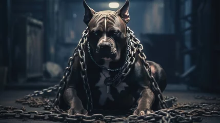  American Pit Bully dog with fierce and muscular muscles in a room with chains. The background of the photograph is a oppressive and confined environment. There is some smoke in the background. © Phoophinyo