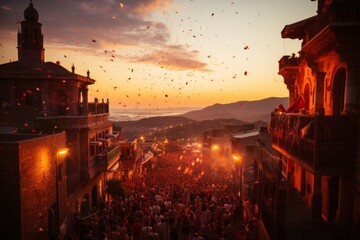 Fototapeta na wymiar San Fermín cityscape at dusk, capturing the essence of this vibrant and traditional festival, Generative AI