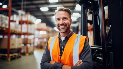 A Portrait of a professional industrial worker driving a forklift, a team of quality control staff storing goods, shelving, Warehouse Workshop for factory workers, quality control engineers. - Powered by Adobe