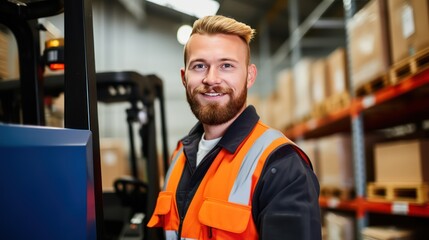 A Portrait of a professional industrial worker driving a forklift, a team of quality control staff storing goods, shelving, Warehouse Workshop for factory workers, quality control engineers.
