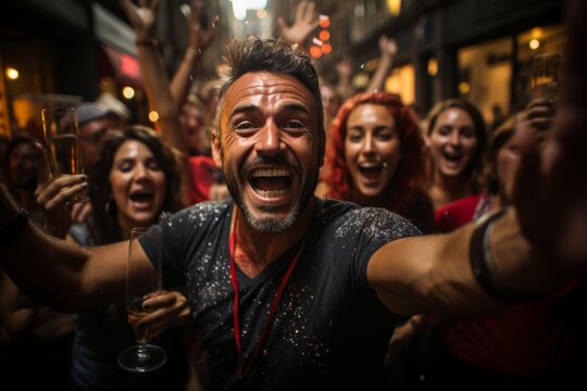 Fototapeta Revelers celebrating with sangria in the streets of Pamplona, San Fermín, Generative AI