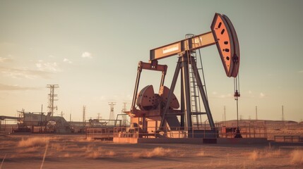 Fototapeta premium A Oil drilling machine in the desert, Industry, energy industry, gas station at sunset.