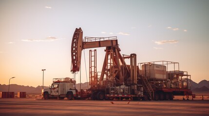 Fototapeta na wymiar A Oil drilling machine in the desert, Industry, energy industry, gas station at sunset.