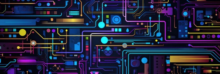 a colorful background with circuit board parts, in the style of bold, black lines, streamlined forms, generative AI