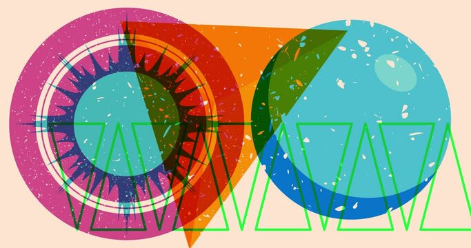 Colorful geometric shapes animation. Object in trendy riso graph design. Geometry elements abstract risograph print texture style video.