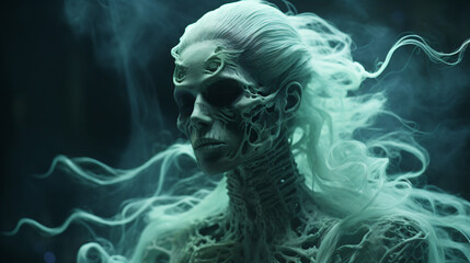 Fototapeta premium A woman with white hair and a skeleton face covered in smoke