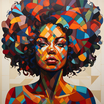An abtract colorful painting of a black woman with affro hair