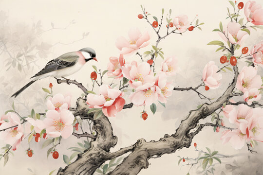 A painting of a bird sitting on a cherry blossom tree branch