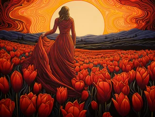 Tuinposter A painting of a woman standing in a field of red tulip flowers © Eduardo