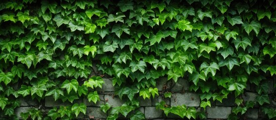 Ivy in green emerges through the worn texture of an old brick wall showcasing a detailed pattern in the background
