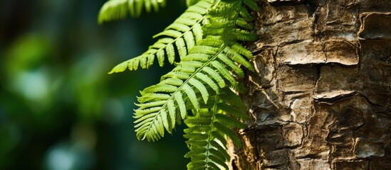 The foot fern of the squirrel thrives on the sturdy bark of the palm tree trunk