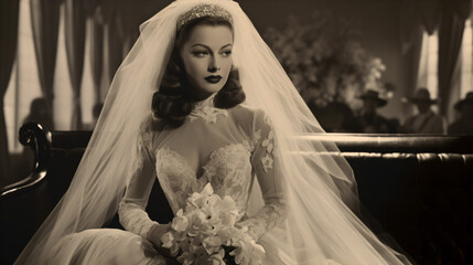 A black and white vintage photo of a woman in a wedding dress
