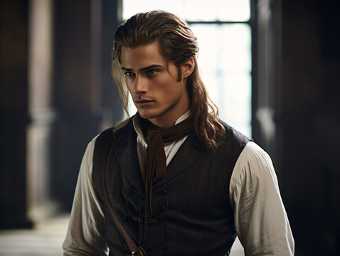 A handsome man with long hair wearing a colonial vest and bow tie