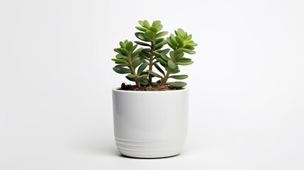 a succulent plant in a white ceramic pot, placed against a bright white background, creating a clean, modern aesthetic.