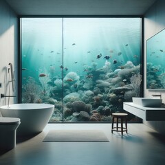 A modern bathroom with a large window that looks out onto an underwater scene. The window is floor to ceiling and takes up the entire wall - obrazy, fototapety, plakaty