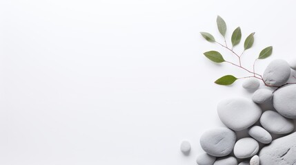 a minimalist design of white pebbles and green leaves on a white background, creating a sense of balance, tranquility, and harmony.