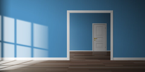 empty blur color room interior with open doorway wooden floor window light