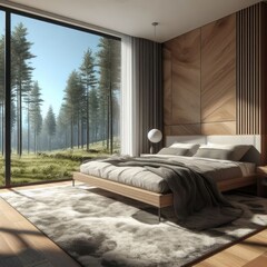 A modern bedroom with a large window overlooking a forest