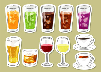 手描き風ドリンクのベクターイラストセット（ステッカー風）