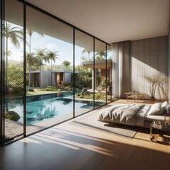 A modern bedroom with floor-to-ceiling windows overlooking a tropical garden and pool