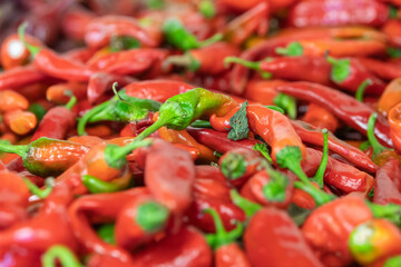 Close-up of a bushel of fresh red chile peppers, spicy food, southwest, autumn, winter,  organic produce, green and red