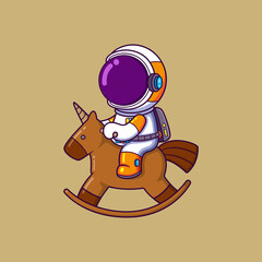 Cute Astronaut riding wooden horse Cartoon character