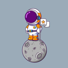 Cute Astronaut Holding Flag On Moon Cartoon character