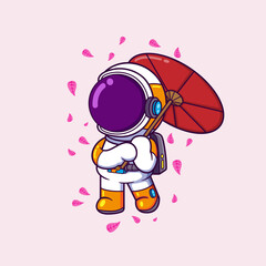 Cute Astronaut with traditional Japanese umbrella Cartoon character