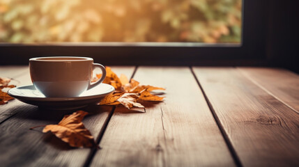 A cup of coffee on a wooden table with fall leaves.