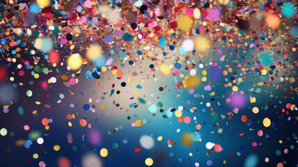 A festive and colorful party with flying neon confetti on a golden background - obrazy, fototapety, plakaty