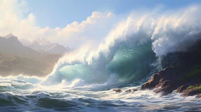 View of giant waves in the middle of the sea