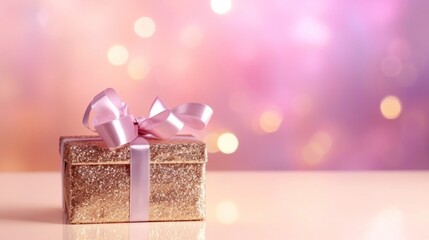 Golden gift present on a light soft pastel pink background with colorful bokeh and stars glittering