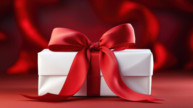 White gift box with red ribbon on red silk background