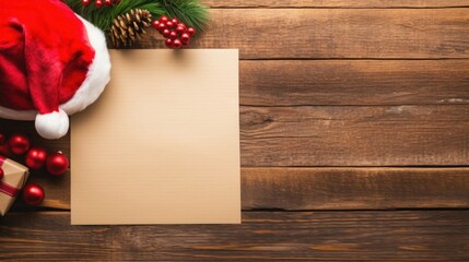 Top view of an empty Christmas banner on a wooden background with Santa Claus hat.